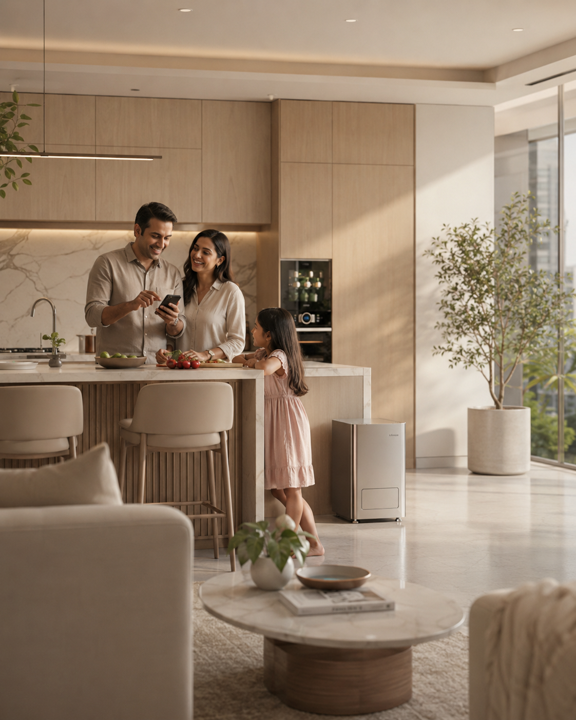 A family in a modern kitchen with Chewie, the Mankomb wet-waste appliance