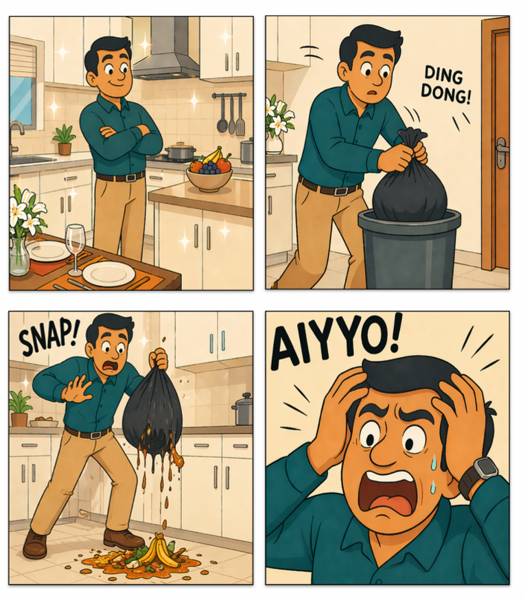 Comic illustrating the hidden workflow created by a household kitchen bin